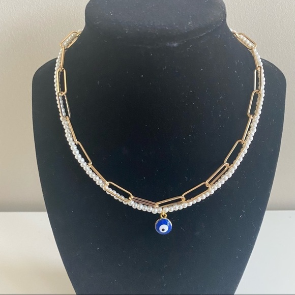 18k Gold Filled Evil Eye and Pearl Layered Choker Necklace - Picture 3 of 3